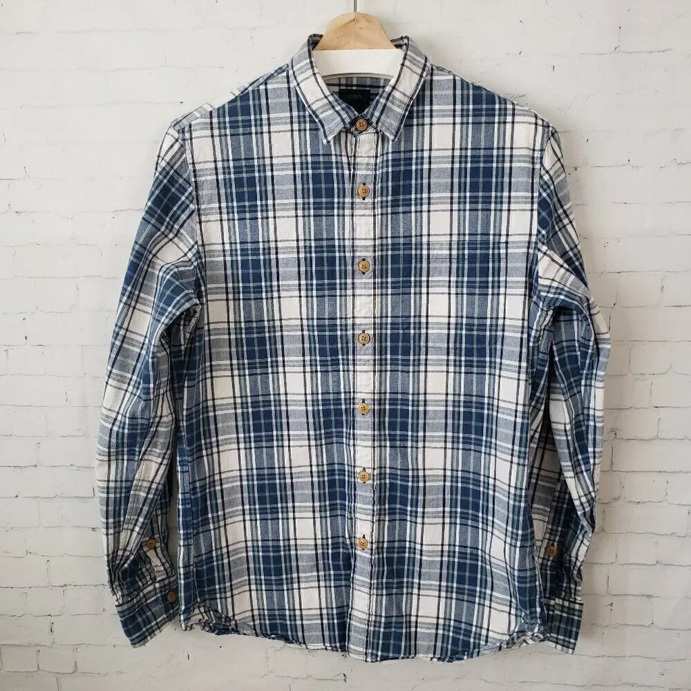 J. Crew Mens Casual Button Front Shirt Size S Blue Plaid Midweight 100% Cotton